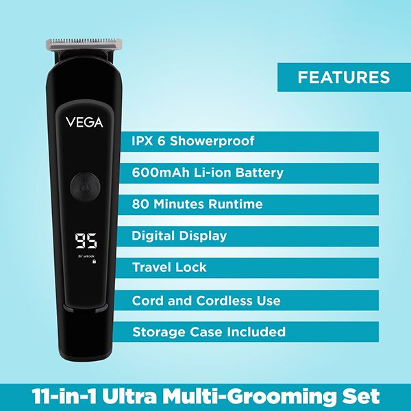 VEGA Men 11-in-1 Ultra Multi-Grooming Set with IPX 6 Showerproof Beard/Hair Trimmer, Nose Trimmer & Body Groomer And Shaver, (VHTH-20)