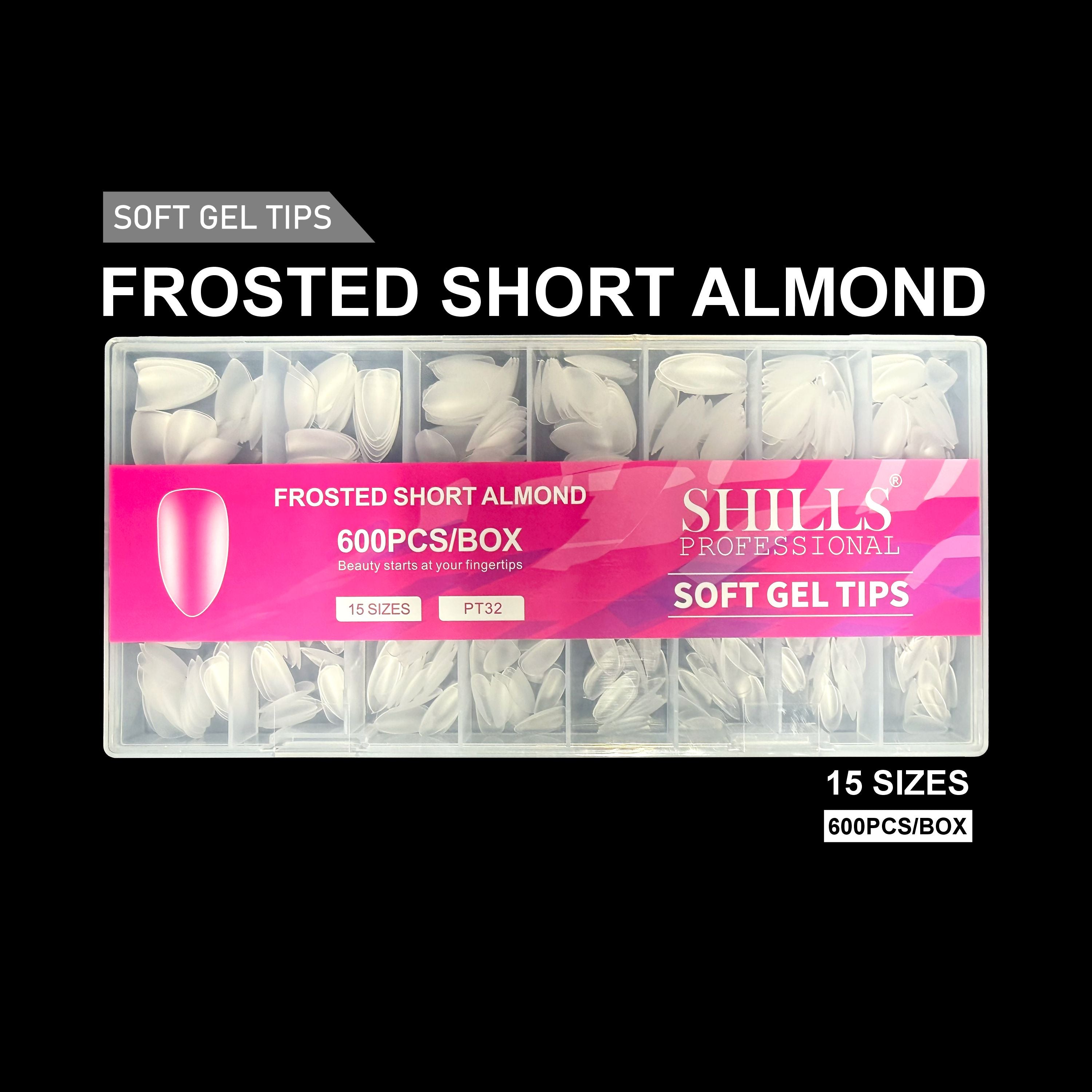 Frosted Short Almond Soft Gel Tips – 600pcs 15 sizes PT32 Clear