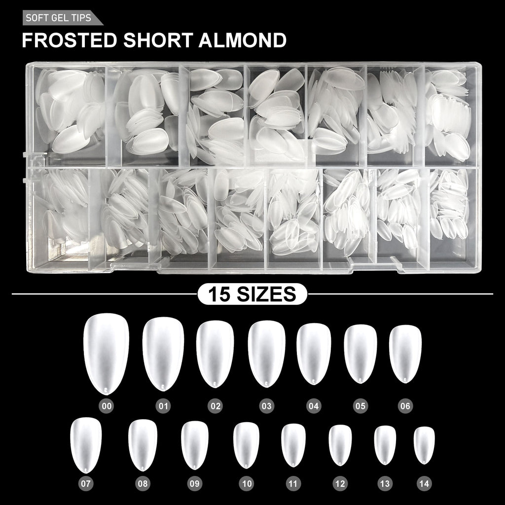 Frosted Short Almond Soft Gel Tips – 600pcs 15 sizes PT32 Clear