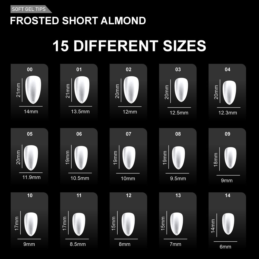 Frosted Short Almond Soft Gel Tips – 600pcs 15 sizes PT32 Clear