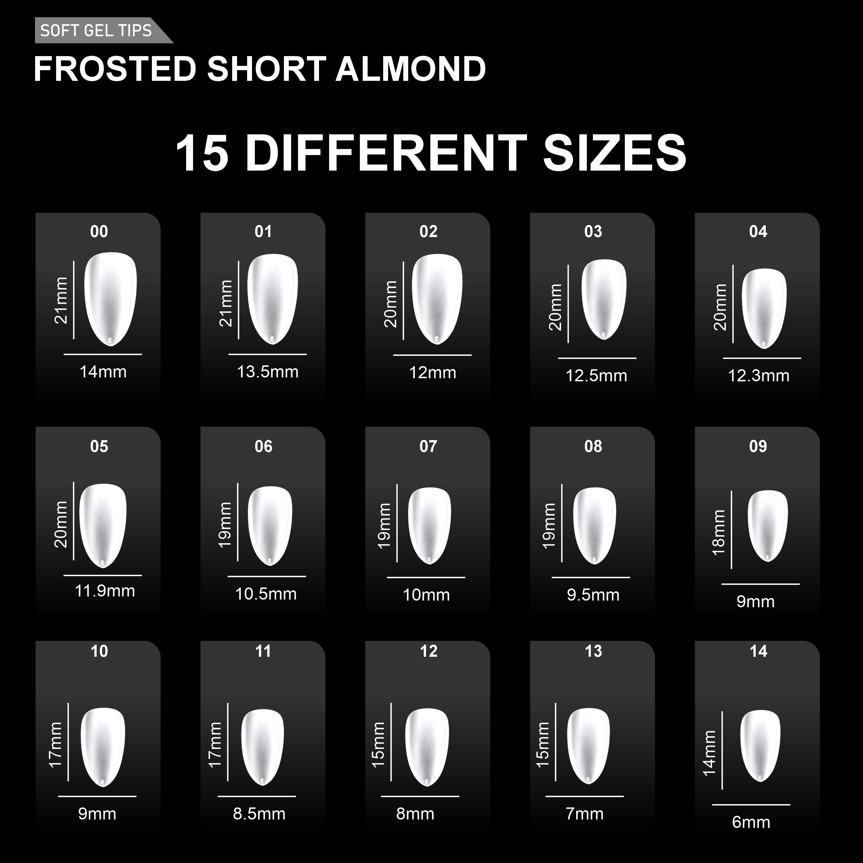 Frosted Short Almond Soft Gel Tips – 600pcs 15 sizes PT32 Clear