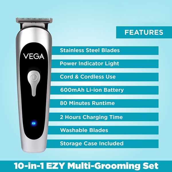 VEGA Men 10-in-1 EZY Multi-Grooming Set with Beard/Hair Trimmer, Nose Trimmer & Body Groomer And Shaver, (VHTH-22)