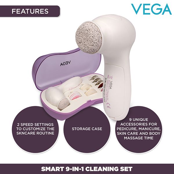VEGA Smart 9-in-1 Head To Toe Cleaning Set For Pedicure, Manicure And Skin & Body Massager, (VHCK-01)