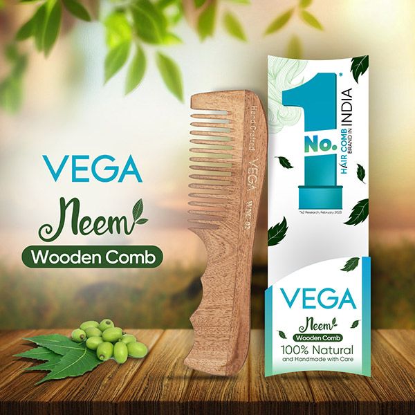 Vega Neem Wooden Comb with Grip Handle - WNC-02