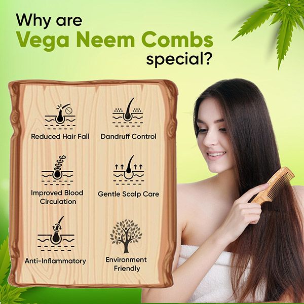 Vega Neem Wooden Comb with Handle - WNC-03